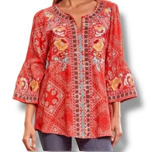 Savannah Jane Size M Red Floral Embroidered Bandana Top Boho Gypsy Festival